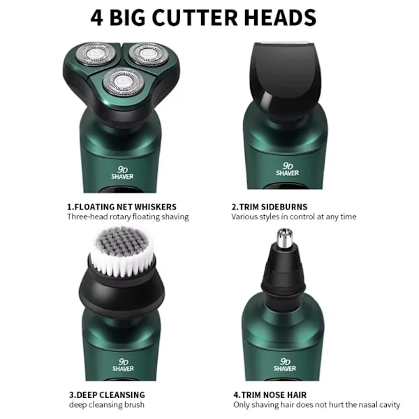 4i1 Elektrisk Rakapparat Uppladdningsbar 3 huvuden Rakhyvel Grooming Display Grön