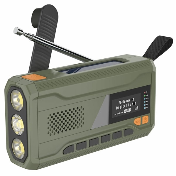 Solar Power Handvev DAB FM Radio Ficklampa 4500mAh Power Bank Grön