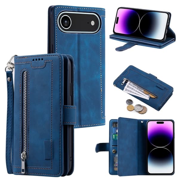 Til iPhone Air Etui med Lynlåslomme og 9 Kortlommer Blue