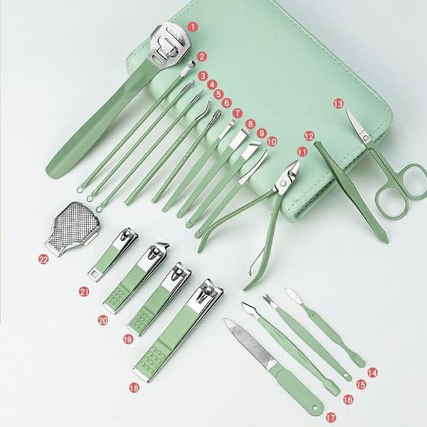 22 stk. manicure pedicure negleklipper rustfrit stål fingertånegle + etui Green