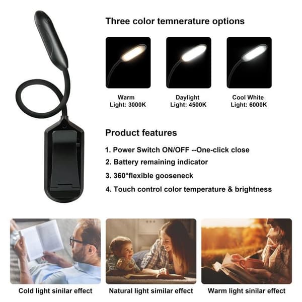 Lampe, læselampe, klemmebeslag, LED-lampe, 3 lystilstande, dæmpbar belysning Black