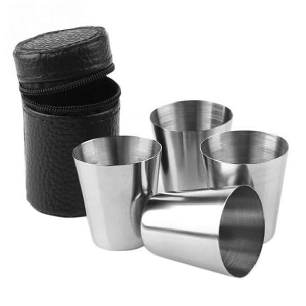 Rustfrit stål Shot Glas Snaps Glassæt 4 STK med etui til camping/picnic Silver