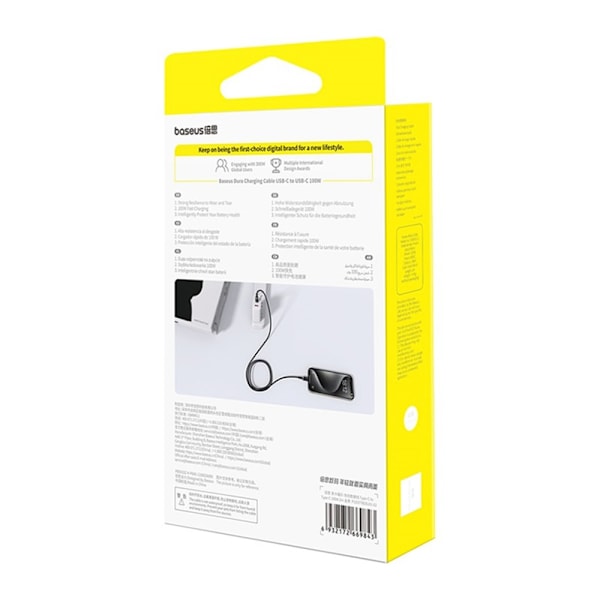 BASEUS Dura Series PD 100W Laddningskabel Snabbladdning USB-C till USB-C 2m Svart