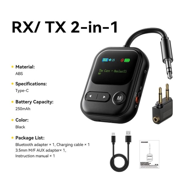 2-i-1 Bluetooth-kompatibel AUX-lydadapter (RX/TX) med LCD-display til bil højttalere Black