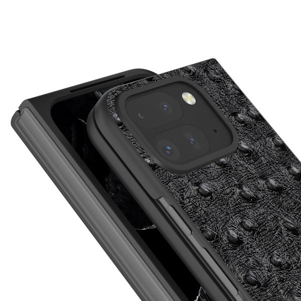 ABEEL Google Pixel 9 Pro Fold 5G Suojakotelo Aitoa Nahkaa + PC Puhelinsuojus Strutsikuviolla - Musta Black