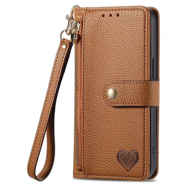 For iPhone 17 Pro Deksel RFID-blokkering Glidelåslomme Lommebokdeksel med Stropp Brown