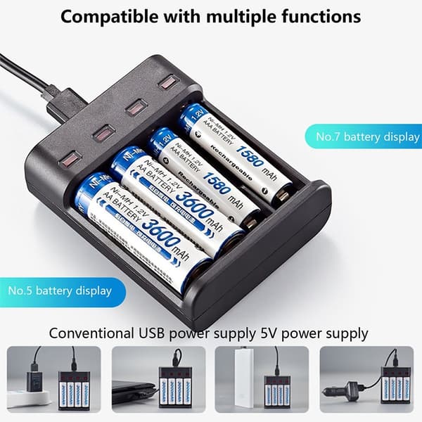 Intelligent smart batterioplader med 4 stik til NI-MH/NI-CD AA AAA-batterier Black