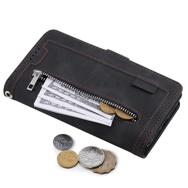 Til Samsung Galaxy S25 5G Etui med Lynlåslomme og 9 Kortlommer Black