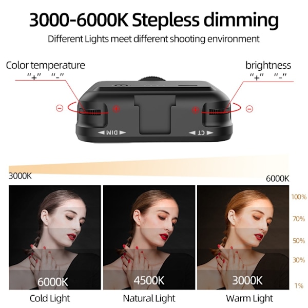 LED-valo 3000-6000K himmennettävä valolamppu Live Broadcast -valokuvaus Black