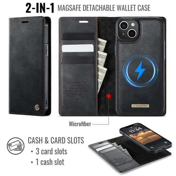 CASEME Til iPhone 15 Lommebokdeksel Magnetisk Avtakbar RFID Beskyttelse - Svart Black