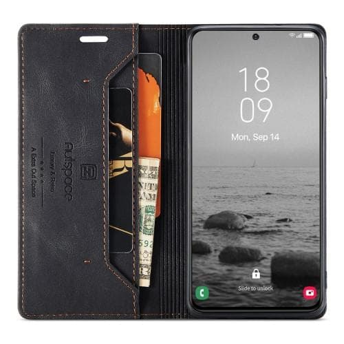 AUTSPACE A01 Retro tegnebog taske til Samsung Galaxy S23 - Sort Black