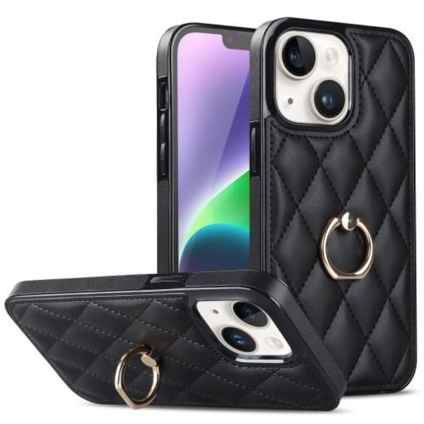 iPhone 14 Rhombus Grid Pattern Veske Fingerring - Svart Black