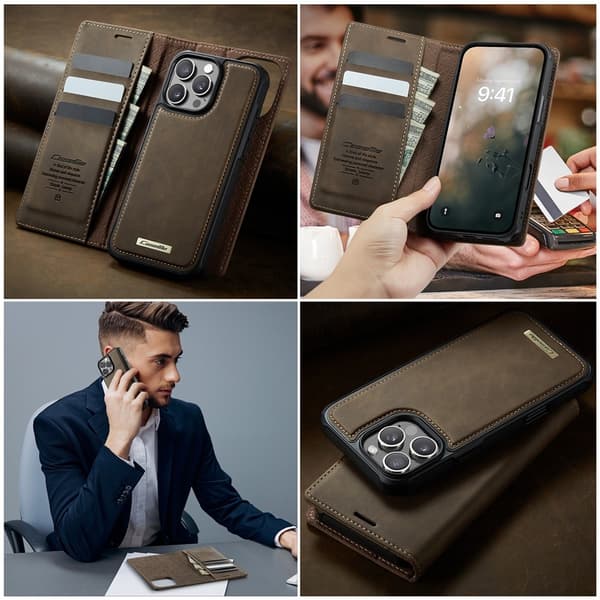 CASEME Til iPhone 16 Pro Lommebokdeksel Magnetisk Avtakbar RFID Beskyttelse Brown
