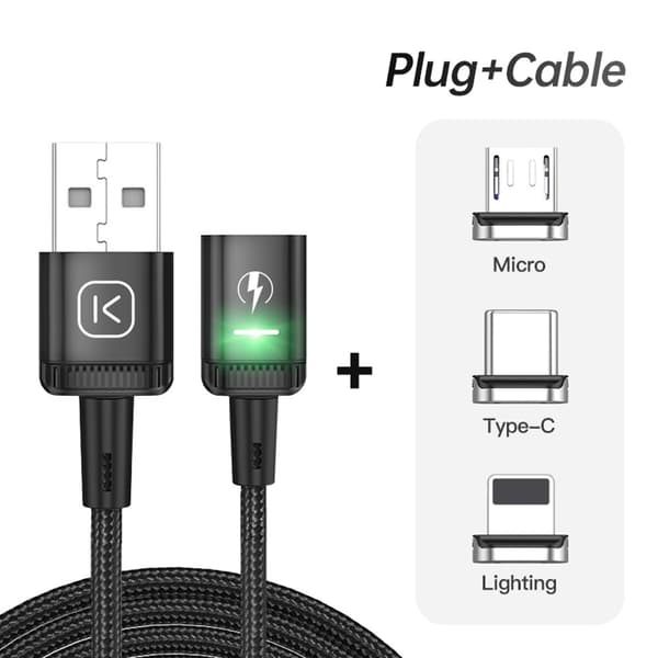 KUULAA 2m 3A Magnetisk Kabel USB-C / iP (5-14) / Micro USB 3-i-1 Opladning + Data Black