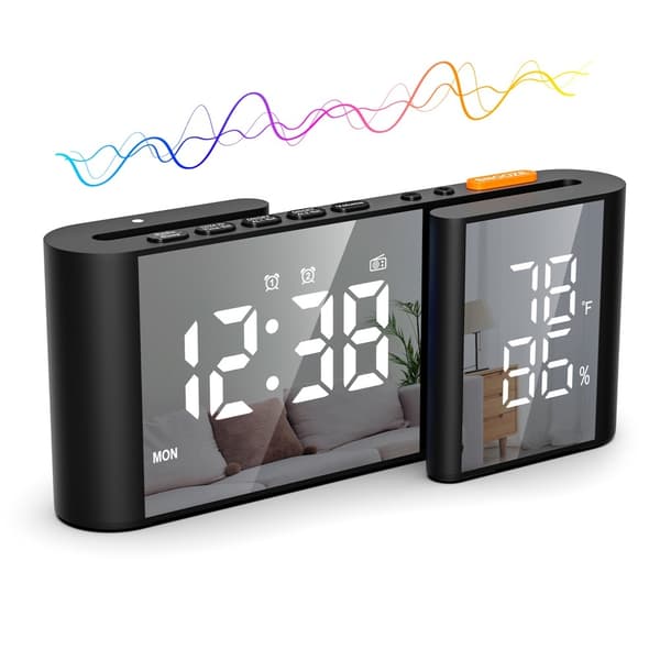 S-formad Väckarklocka FM-radio Dimmer Dubbla Larm Digital Klocka Termohygrometer Svart