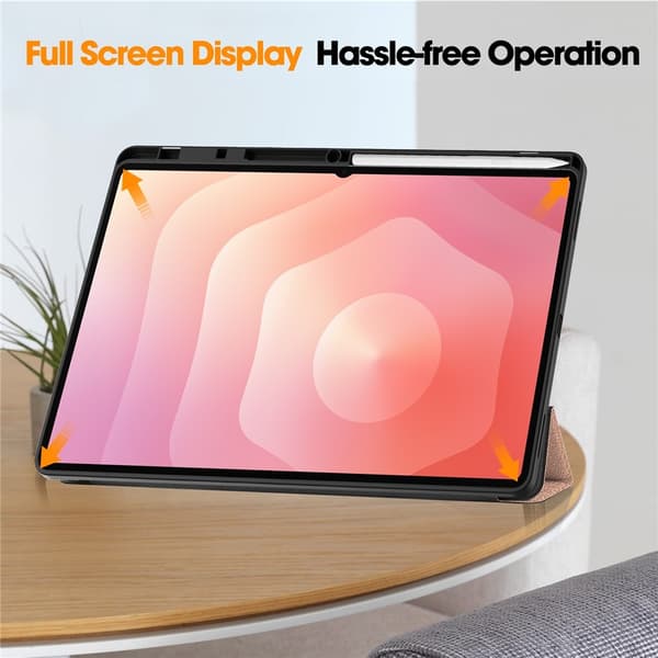 For Samsung Galaxy Tab S12 Ultra Tri-Fold Stand Tablet Case with Pen Slot Pink gold