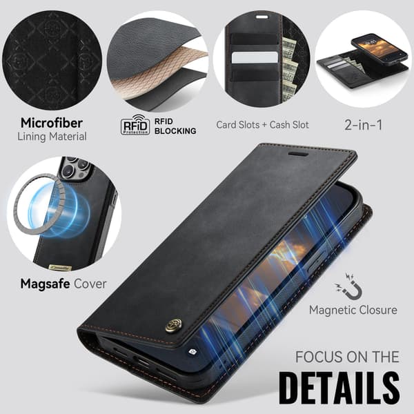 CASEME Til iPhone 15 Pro Max Lommebokdeksel Magnetisk Avtakbar RFID Beskyttelse - Svart Black