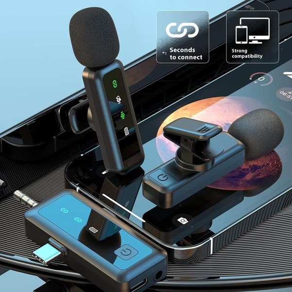 3 i 1 iP USB-C 3,5 mm trådløs Lavalier-mikrofon Støyreduserende mikrofon 1 sender 1 mottaker Black