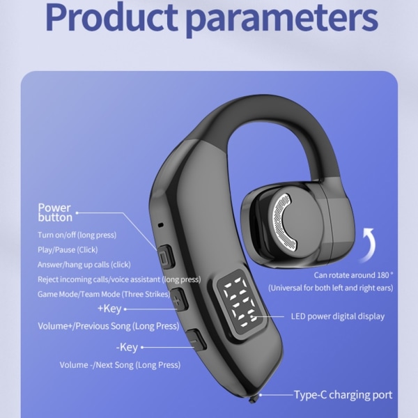 Bluetooth 5.4 Single in-Ear hovedtelefoner trådløs krog - sort Black