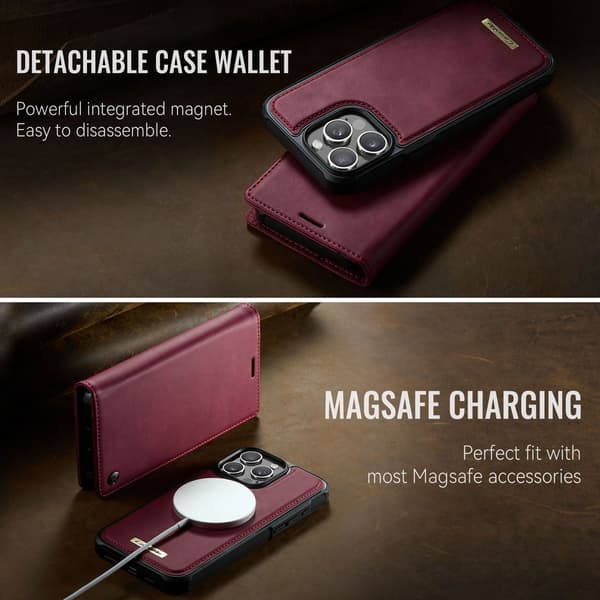 CASEME Til iPhone 15 Pro Max Lommebokdeksel Magnetisk Avtakbar RFID Beskyttelse - Coffee Red
