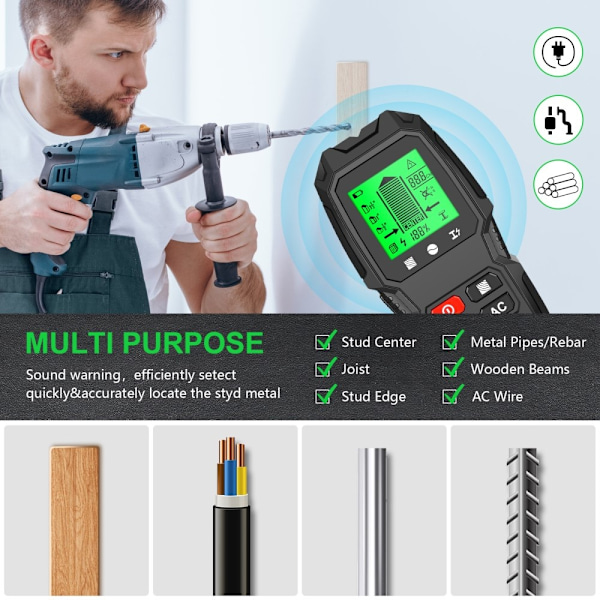 5 i 1 LCD Wall Stud Finder Edge Center Trä ström Metall AC Live Wire Detektor Svart