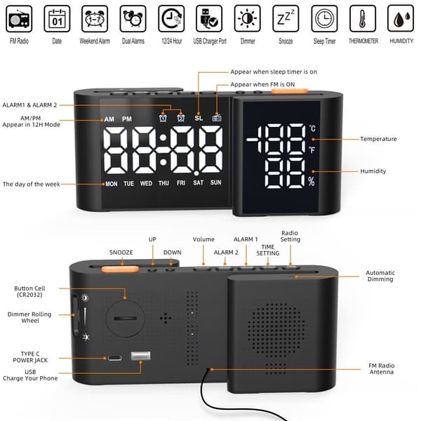 S-formad Väckarklocka FM-radio Dimmer Dubbla Larm Digital Klocka Termohygrometer Svart