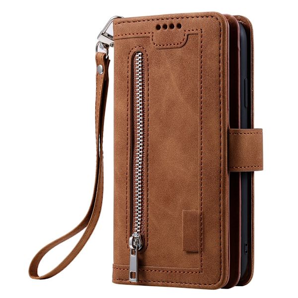 Til Xiaomi Redmi 14C Etui med Lynlåslomme og 9 Kortlommer – Brun Brown