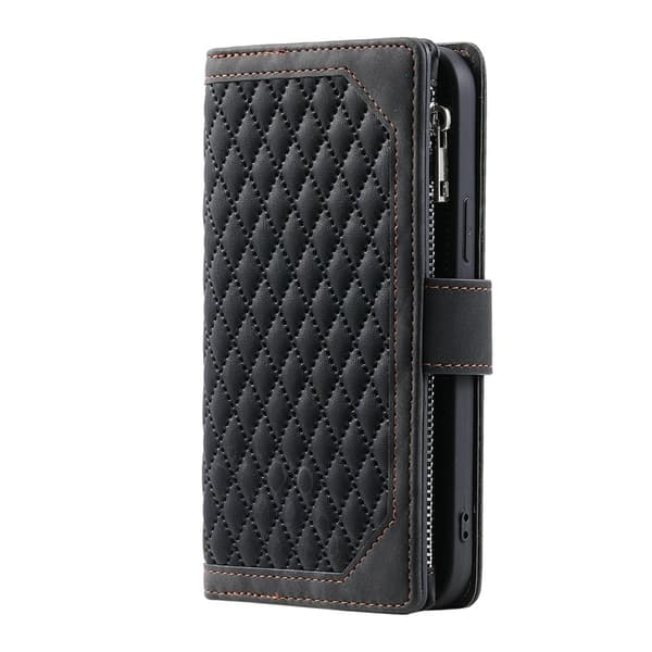 För Xiaomi Redmi Note 15 Pro 5G Zipper Wallet Case Rhombus Stitching Line Telefonfodral Svart
