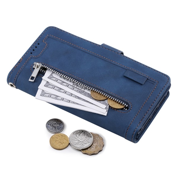 Til Samsung Galaxy S25 5G Etui med Lynlåslomme og 9 Kortlommer Blue