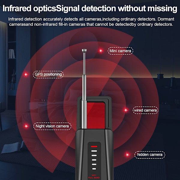 RF-signaldetektor GPS WiFi Tracker Kamera Buggdetektor Anti-spion infraröd skanner Svart