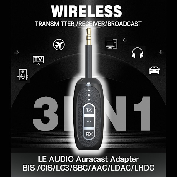 Bluetooth 5.4-sendermottaker Low Latency 3,5 mm trådløs lydadapter Black
