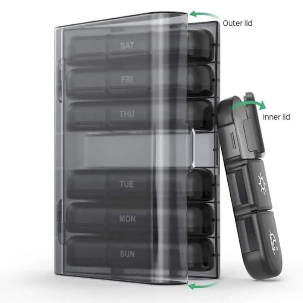 21 Grids Pill Box Seitsemän päivää viikossa Kannettava lajittelulaatikko Black