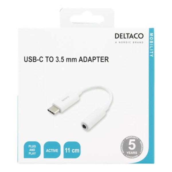 DELTACO USB-C til 3,5 mm adapter, stereo, aktiv, 11 cm, hvid White