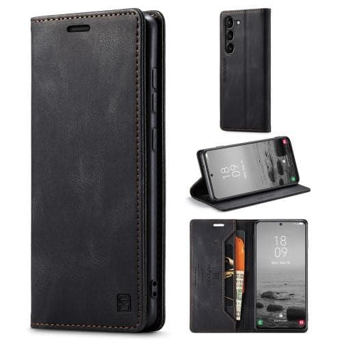 AUTSPACE A01 Retro tegnebog taske til Samsung Galaxy S23 - Sort Black