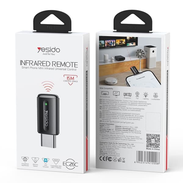 YESIDO USB-C Universell Infraröd Fjärrkontroll för Smartphone Ios Android Huawei Svart