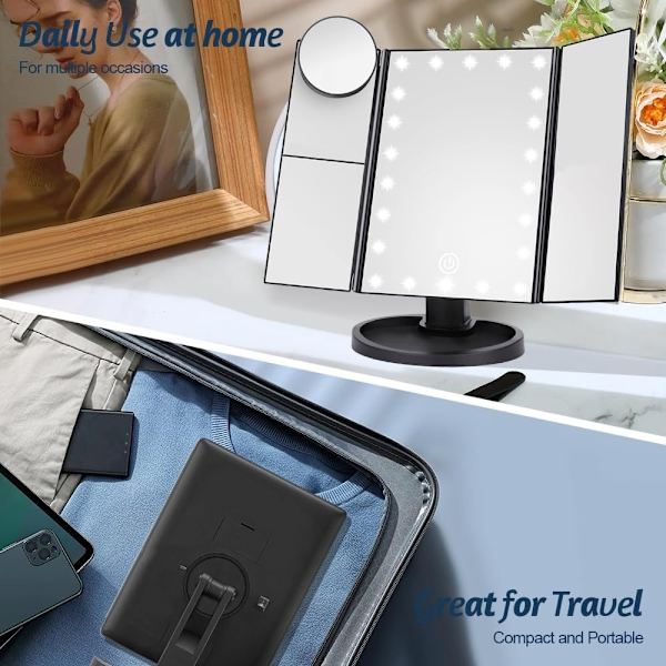 3-Sided Folding Makeup Mirror med Dimbar Lys 22LED Bordsspeil - Svart Black