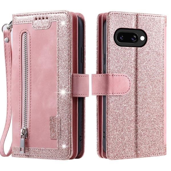 Til Google Pixel 10a Etui med Lynlåslomme og 9 Kortlommer Pink