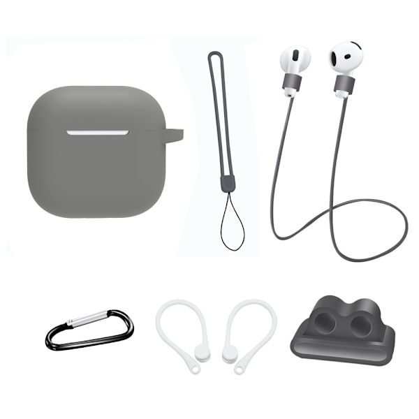 For AirPods 4 6 i 1 tilbehør Veske Stroppholder Ørekroker Halsstropp Nøkkelring - Grå Grey