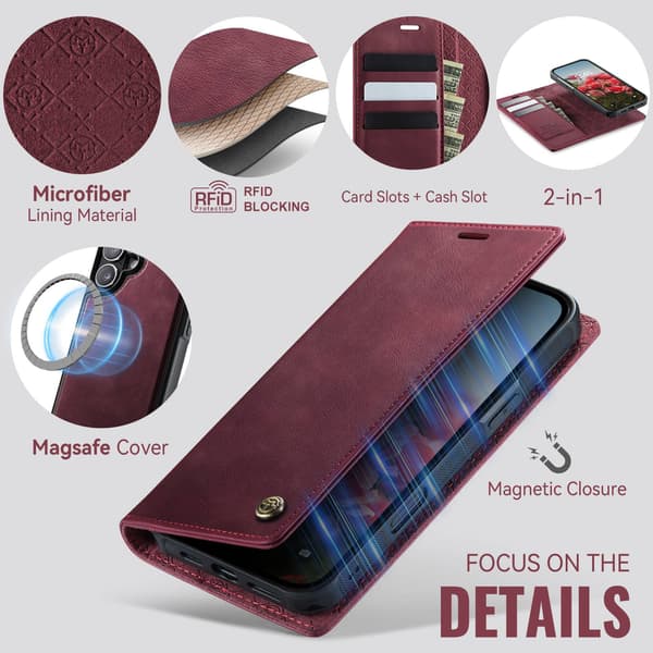 CASEME Til iPhone 17  Lommebokdeksel Magnetisk Avtakbar RFID Beskyttelse Red