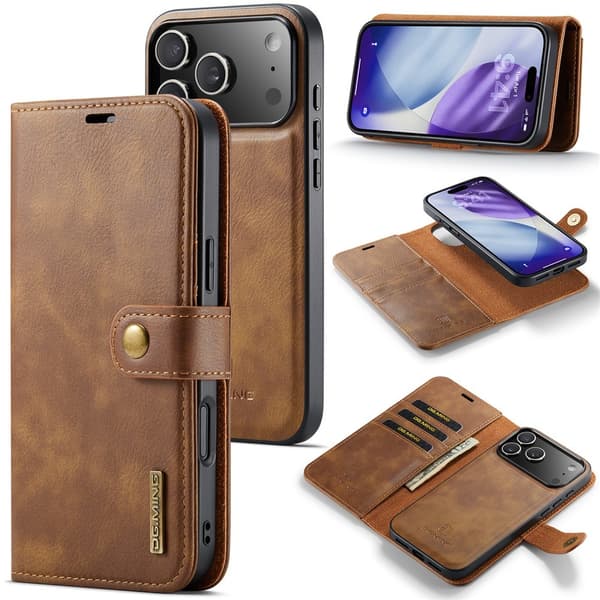 DG.MING Avtakbart delt telefonlommebokdeksel til iPhone 18 Pro / 17 Pro Brown