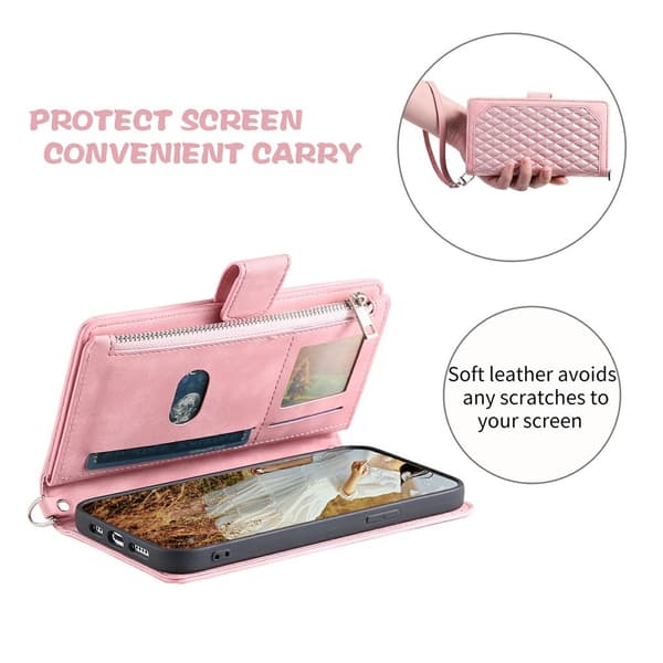 För Xiaomi Redmi Note 15 Pro 5G Zipper Wallet Case Rhombus Stitching Line Telefonfodral Rosa guld