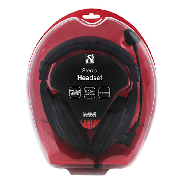DELTACO headset, sluten, volymkontroll på kabeln, 2x3,5mm, 2m Svart