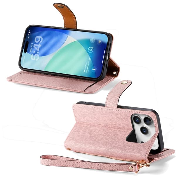 For iPhone 17 Pro Cover RFID-blokering Lynlåslomme Tegnebogsetui med Rem Pink