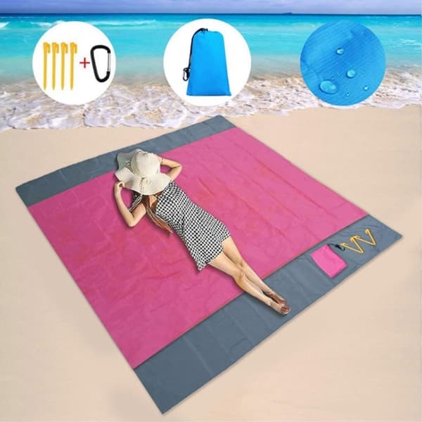 Strandteppe 210x200cm Stor Sandsikker Vanntett Strandmatte Rose Pink