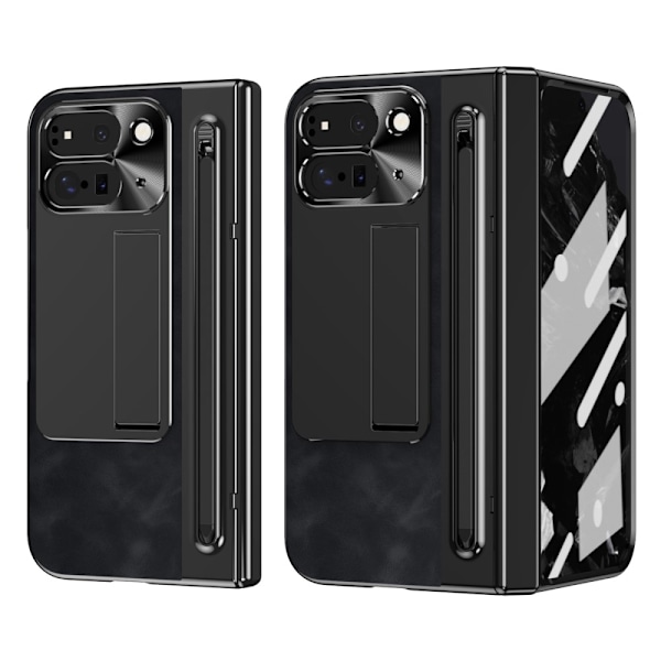 För Google Pixel 9 Pro Fold 5G Fodral Kickstand Läder+PC Skal med Härdat Glas och Styluspenna - Svart Svart