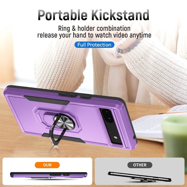 Google Pixel 6A Stødsikker TPU+PC Kickstand Telefonetui Bilmonteret Metalplade - Lilla/Sort Purple