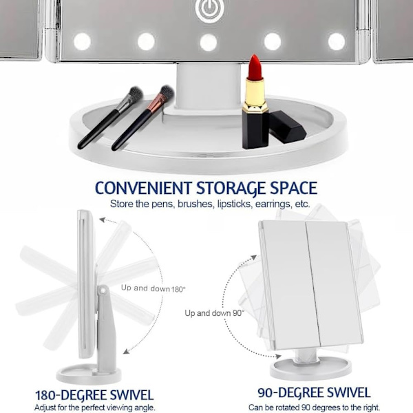 3-Sided Folding Makeup Mirror med Dimbar Lys 22LED Bordsspeil - Hvit White
