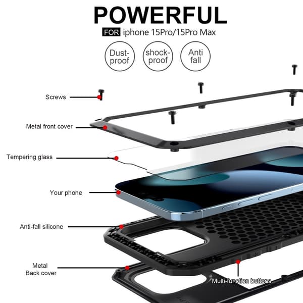 iPhone 15 Pro Heavy Duty Robust Hybrid Cover Shell + hærdet glas Black