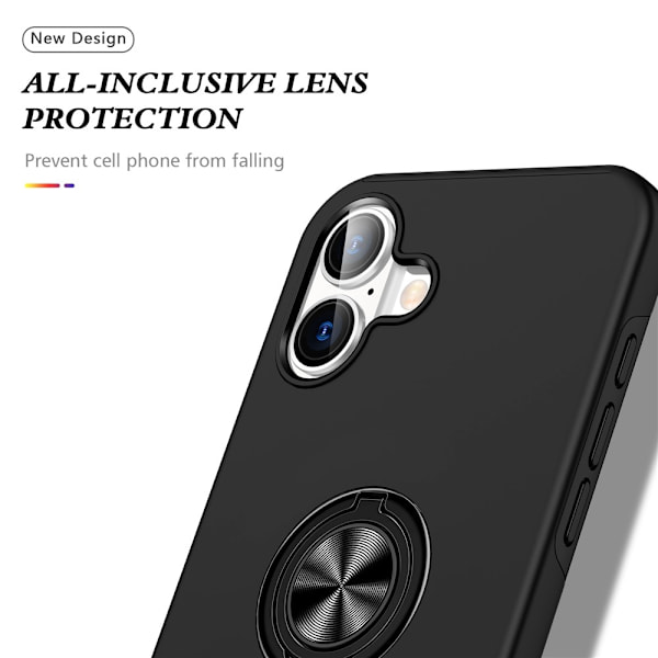 Til iPhone 17 Finger Ring Kickstand Hybrid Taske Black