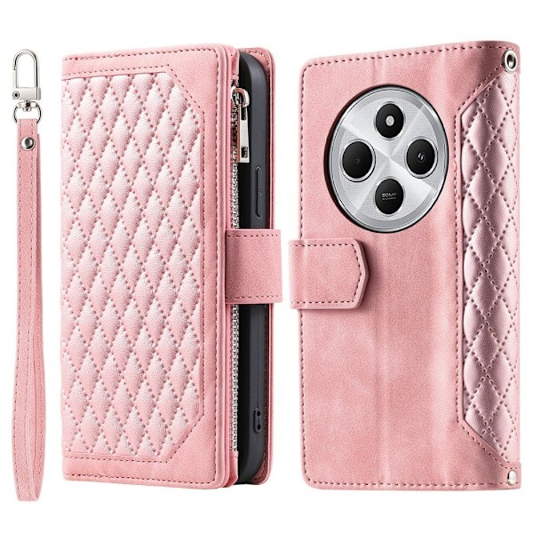 För Xiaomi Redmi 14C Zipper Wallet Case Rhombus Stitching Line Telefonfodral Rosa